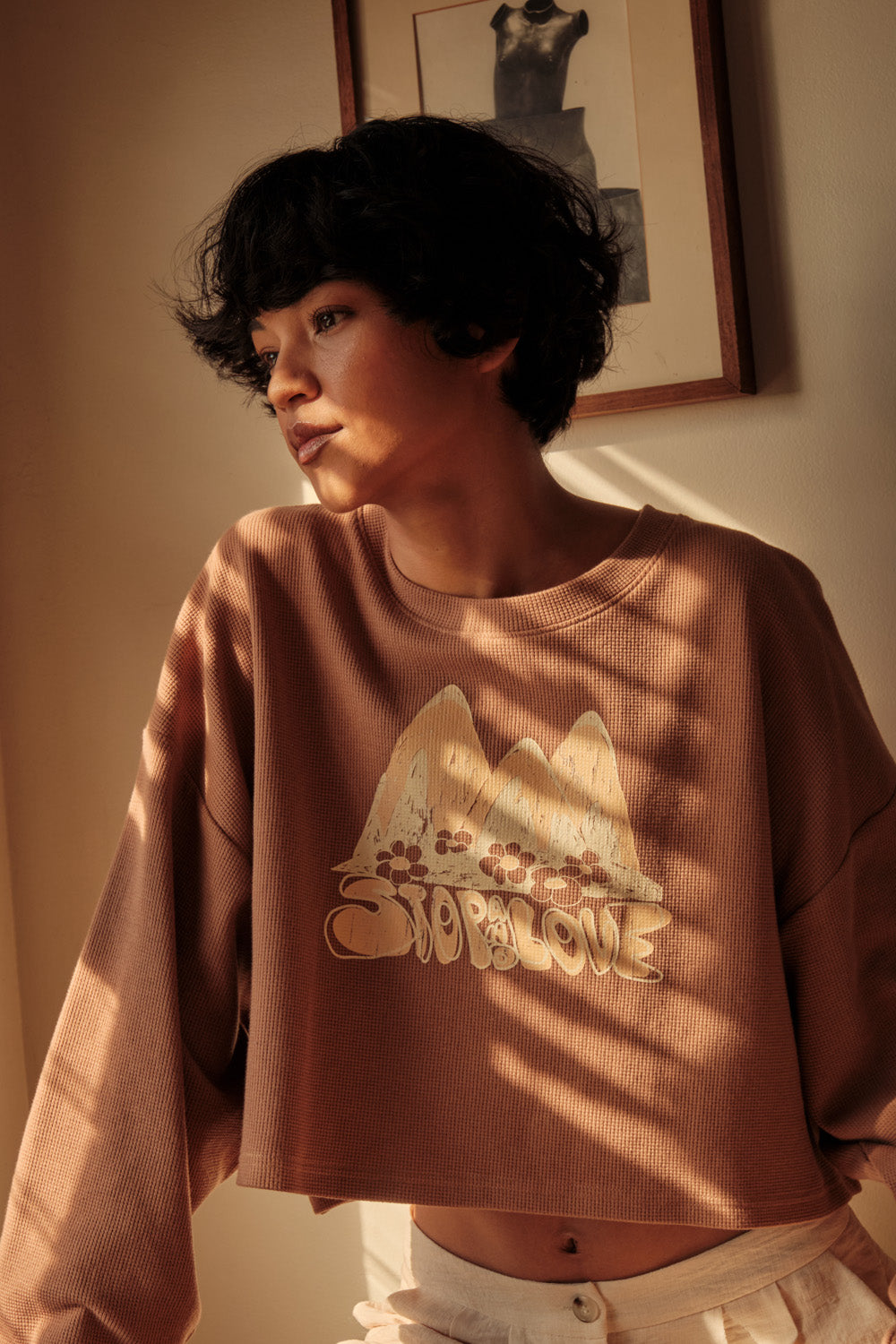 Stop and Love Cropped Thermal Graphic Top - ShopPromesa