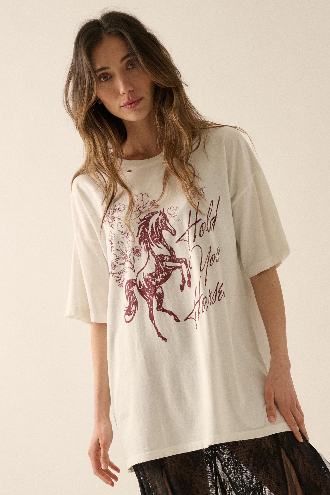 Hold Your Horses Distressed Floral Graphic Tee - ShopPromesa