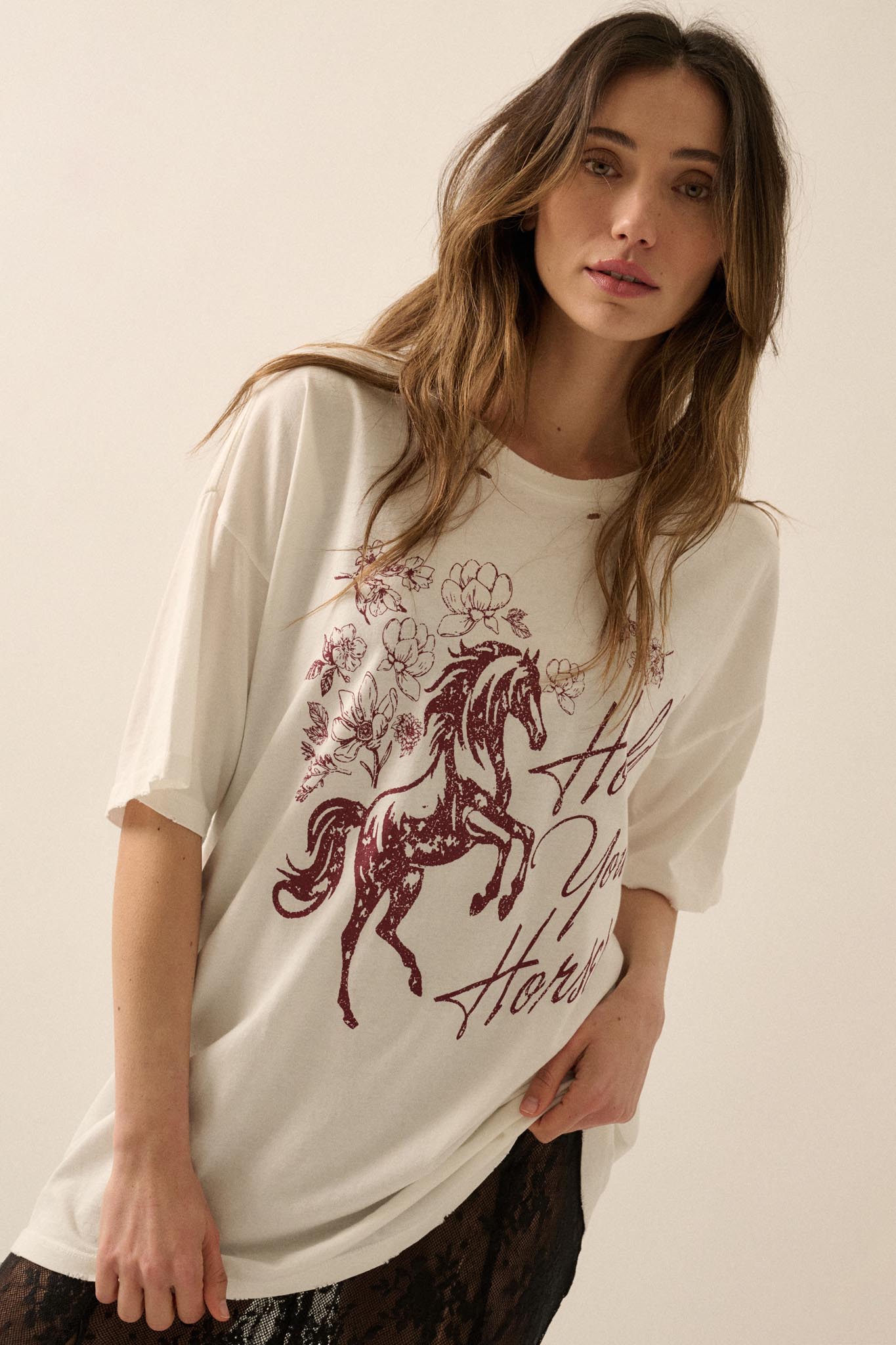 Hold Your Horses Distressed Floral Graphic Tee - ShopPromesa