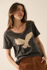Soaring Eagle Vintage-Wash V-Neck Graphic Tee - ShopPromesa