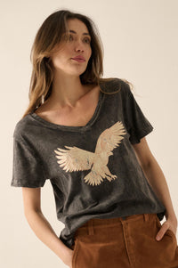 Soaring Eagle Vintage-Wash V-Neck Graphic Tee - ShopPromesa