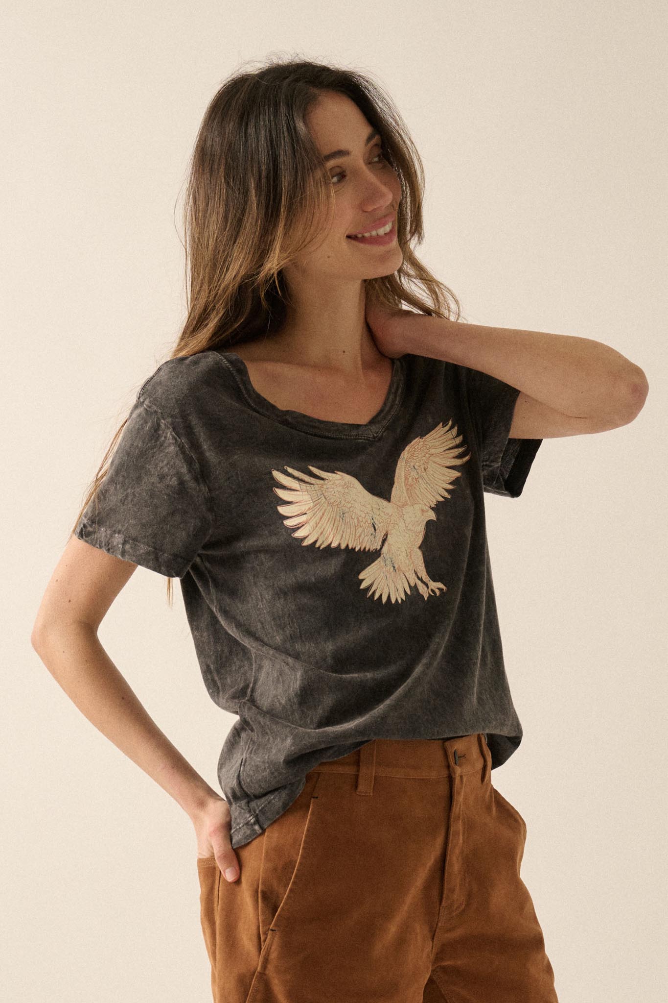 Soaring Eagle Vintage-Wash V-Neck Graphic Tee - ShopPromesa