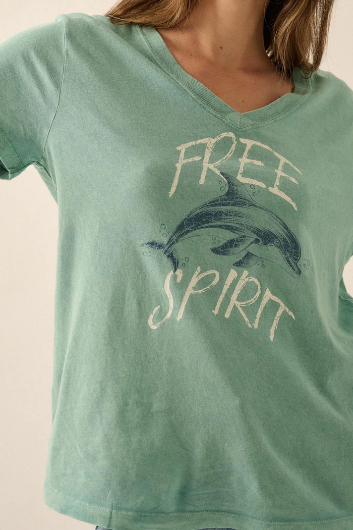 Free Spirit V-Neck Dolphin Graphic Tee - ShopPromesa