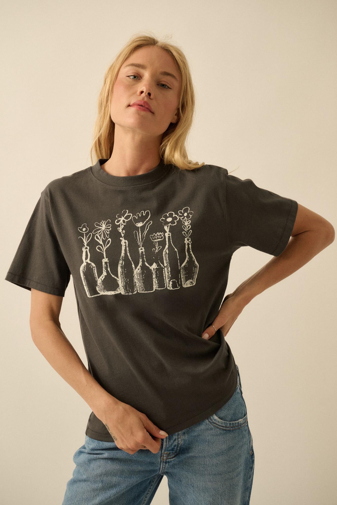 Blooming Bottles Vintage-Print Floral Graphic Tee - ShopPromesa