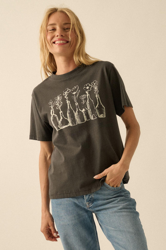Blooming Bottles Vintage-Print Floral Graphic Tee - ShopPromesa