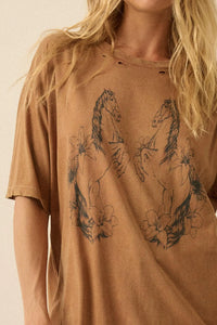Floral Horses Distressed Oversize Graphic Tee - ShopPromesa