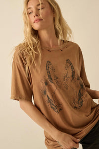 Floral Horses Distressed Oversize Graphic Tee - ShopPromesa