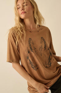 Floral Horses Distressed Oversize Graphic Tee - ShopPromesa