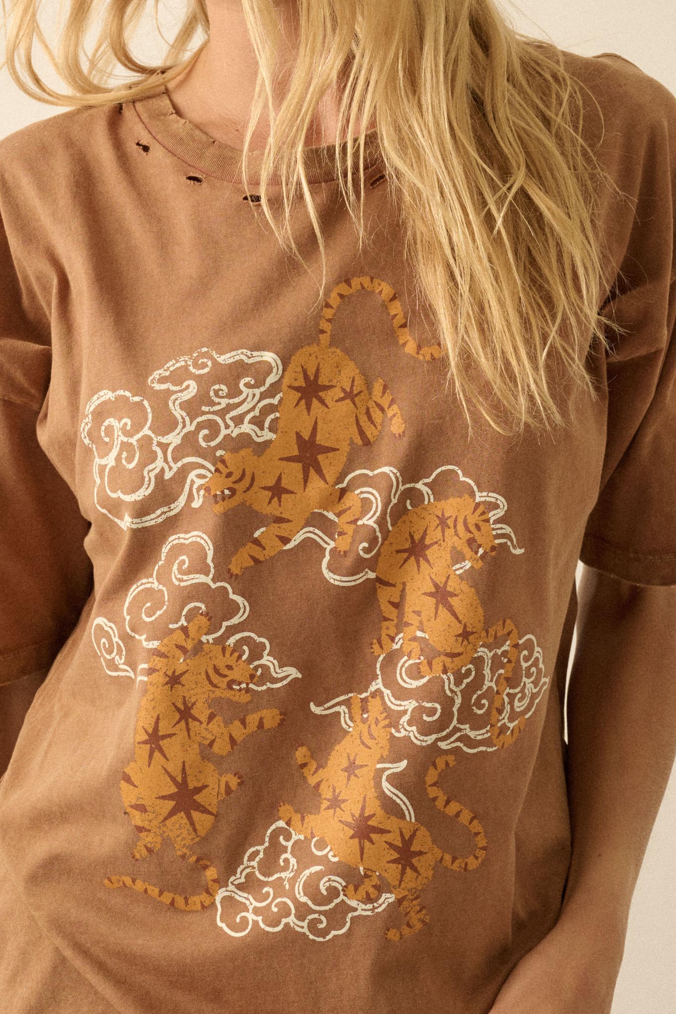 Celestial Tigers Distressed Oversize Graphic Tee - ShopPromesa
