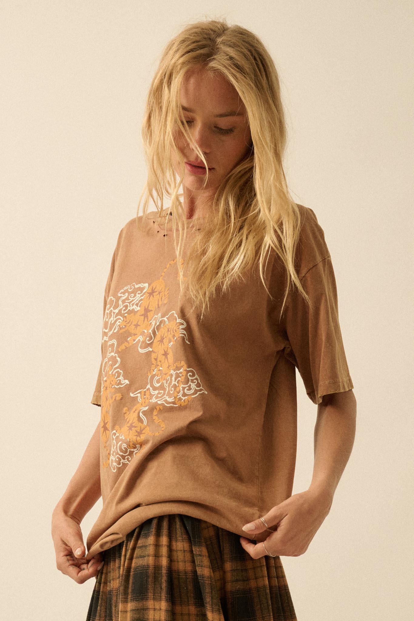 Celestial Tigers Distressed Oversize Graphic Tee - ShopPromesa
