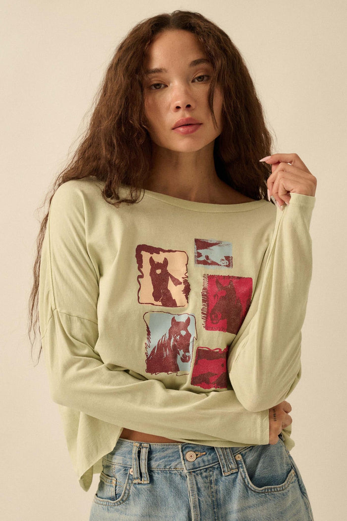 Horse Girl Vintage-Wash Long-Sleeve Graphic Tee - ShopPromesa