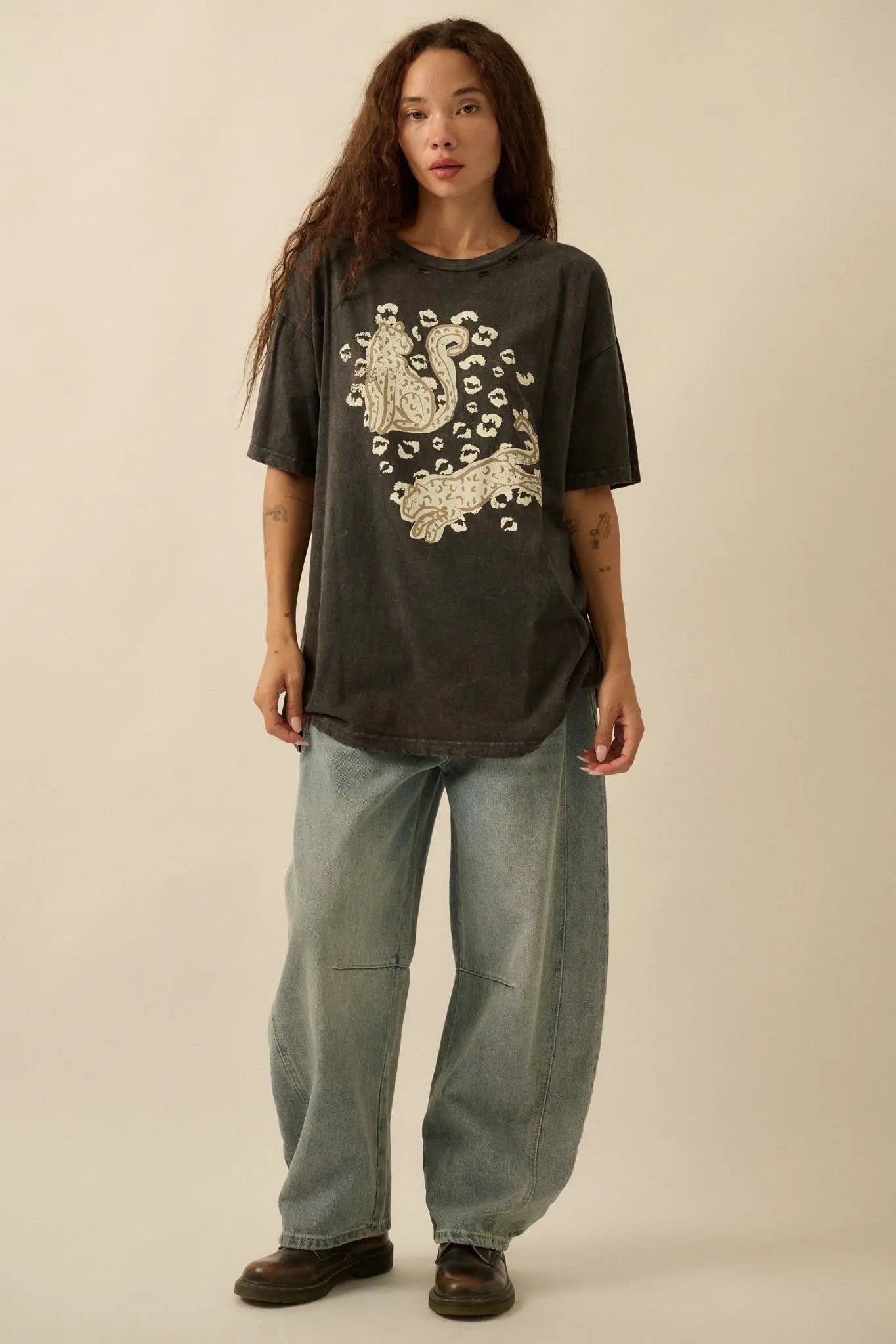 Leopard Lounge Distressed Oversize Graphic Tee - ShopPromesa