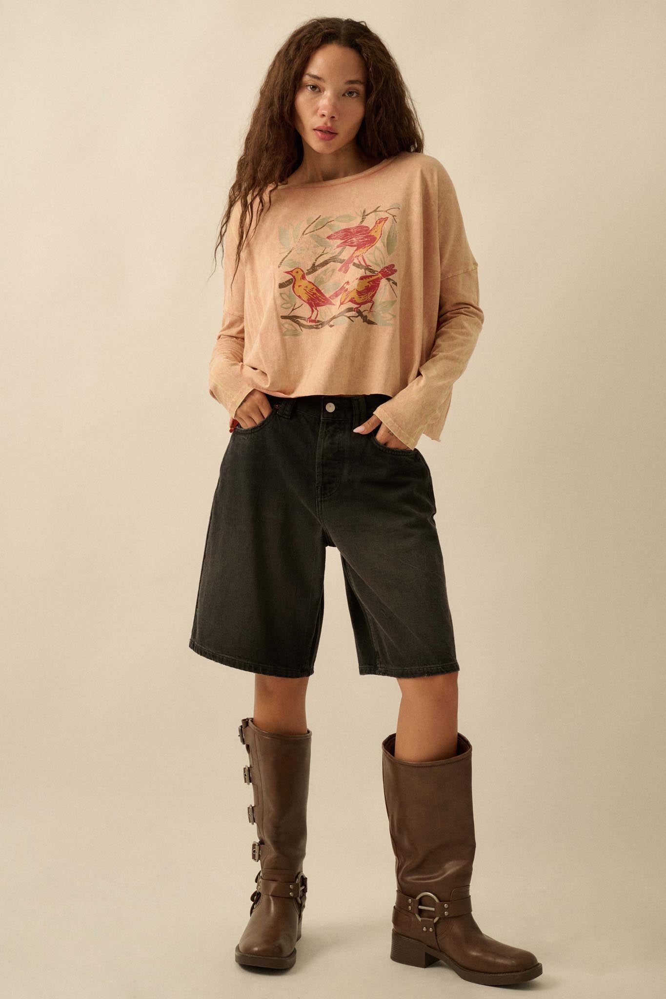 Rare Birds Vintage-Wash Long-Sleeve Graphic Tee - ShopPromesa