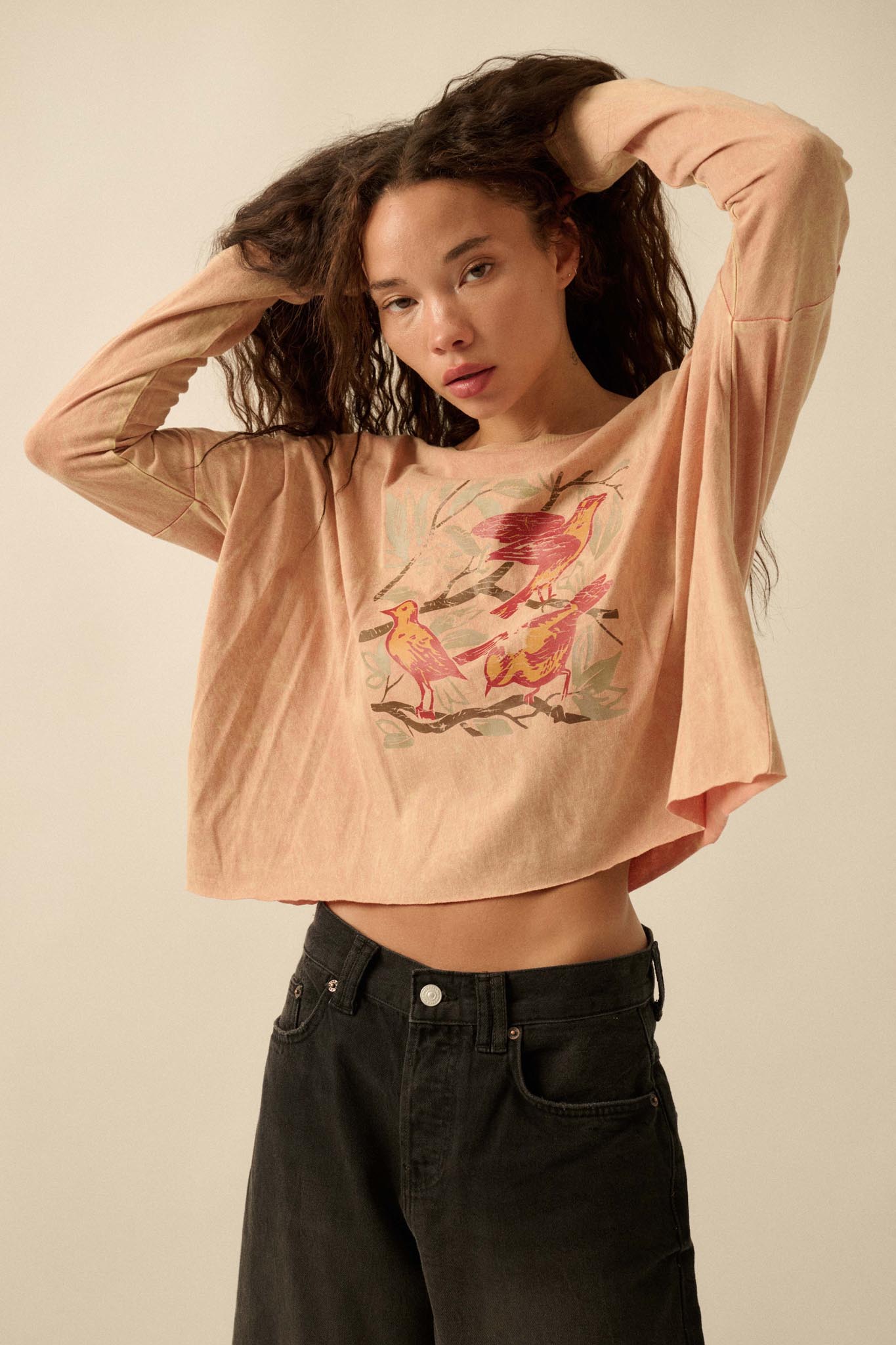 Rare Birds Vintage-Wash Long-Sleeve Graphic Tee - ShopPromesa