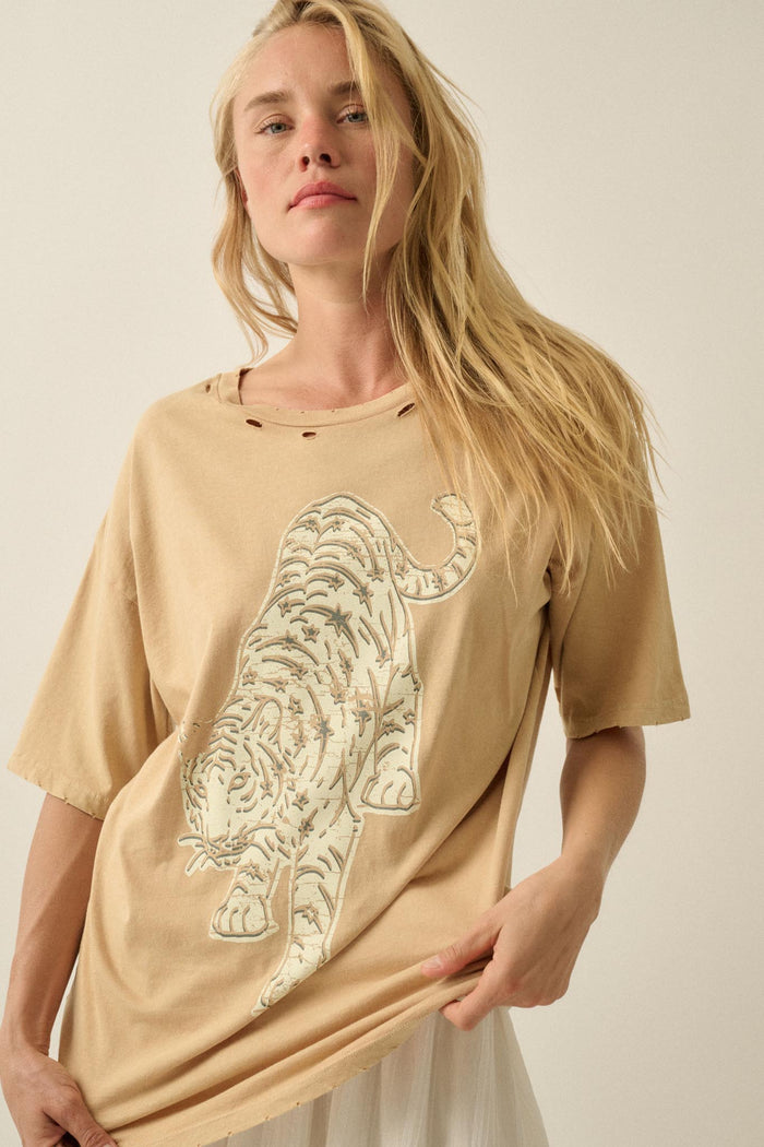 Starry Tiger Distressed Oversize Graphic Tee - ShopPromesa