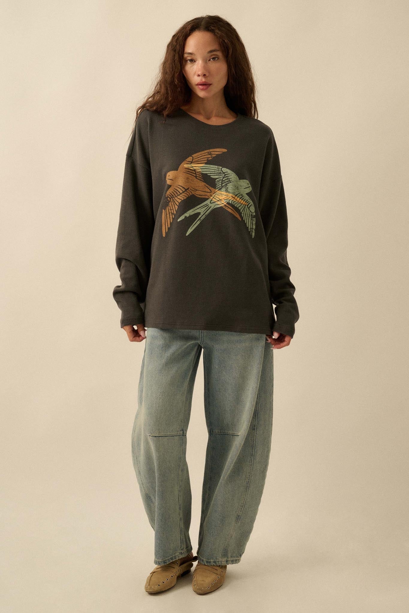 Birds of a Feather Oversize Thermal Graphic Top - ShopPromesa