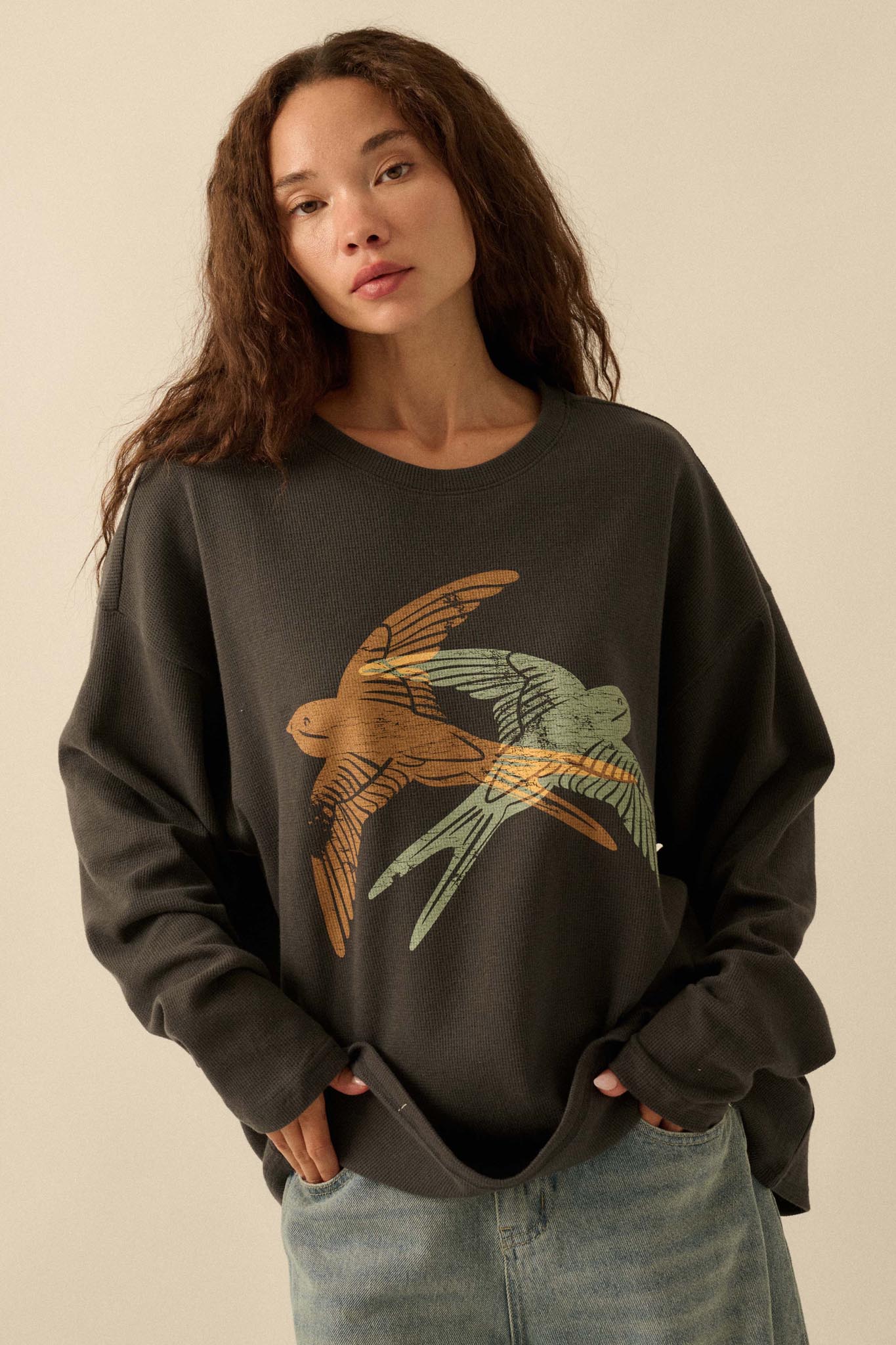 Birds of a Feather Oversize Thermal Graphic Top - ShopPromesa