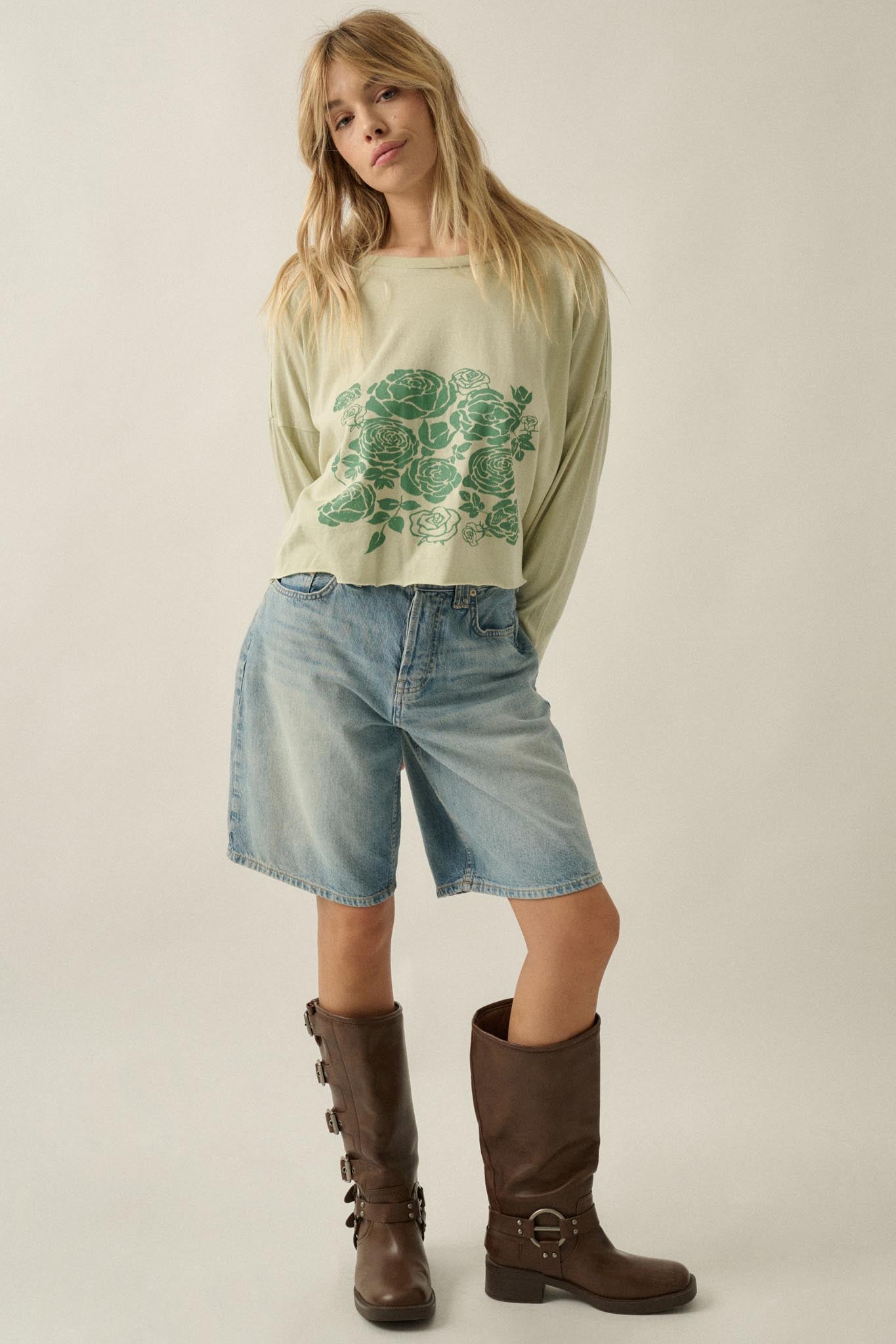 Sage Blooms Vintage-Wash Long-Sleeve Graphic Tee - ShopPromesa