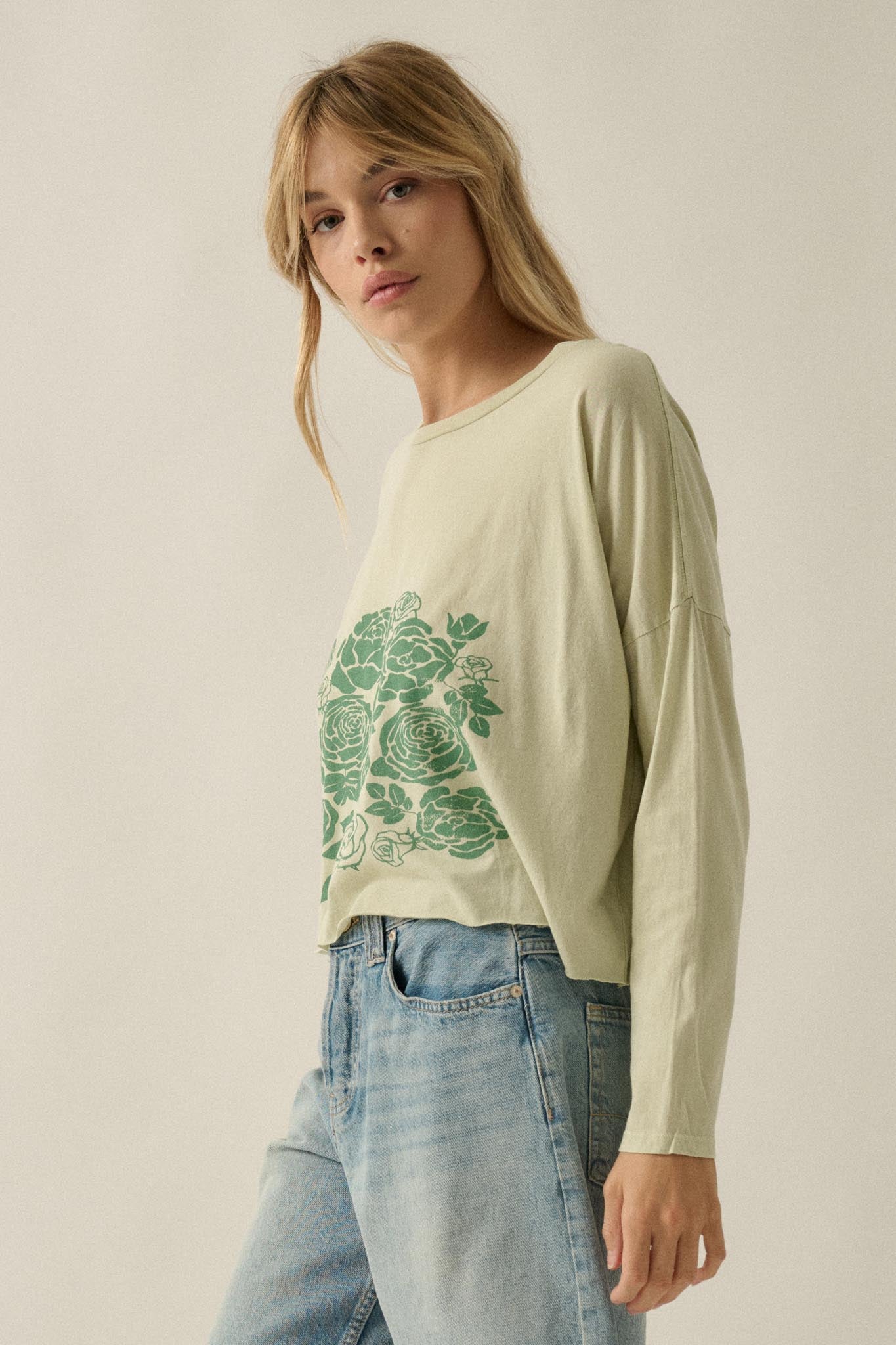 Sage Blooms Vintage-Wash Long-Sleeve Graphic Tee - ShopPromesa