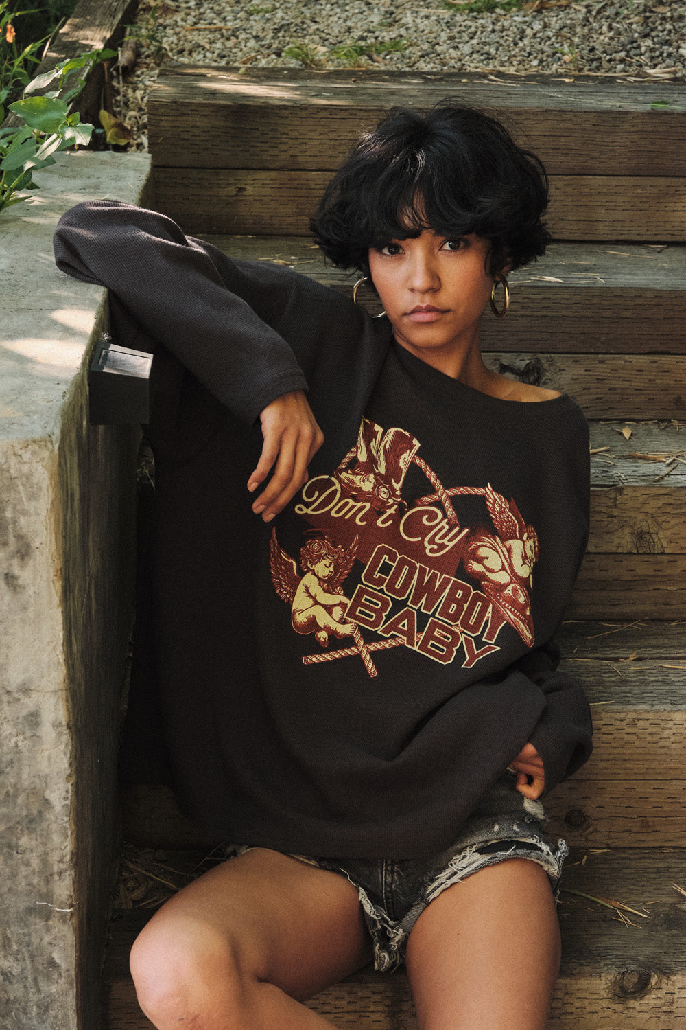 Don't Cry Cowboy Oversize Thermal Graphic Top - ShopPromesa