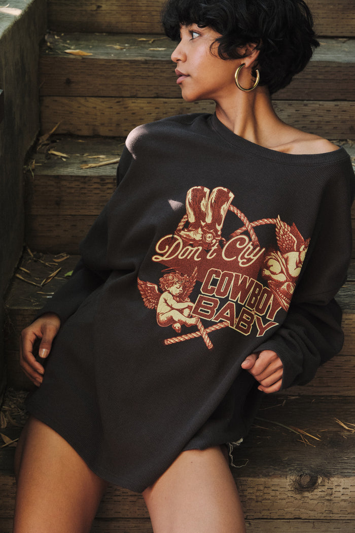 Don't Cry Cowboy Oversize Thermal Graphic Top - ShopPromesa