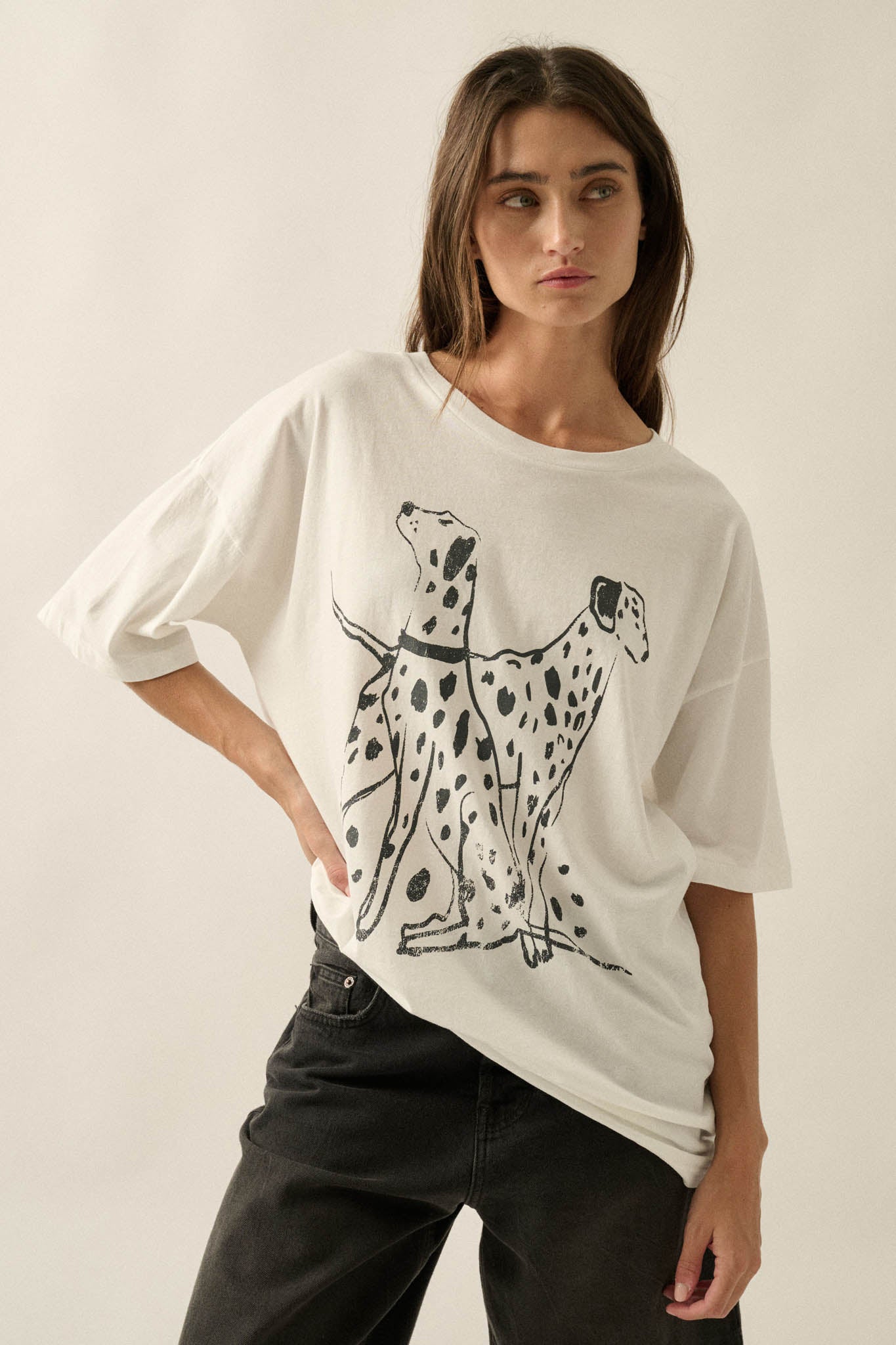 Dalmatian Duo Vintage-Print Oversize Graphic Tee - ShopPromesa
