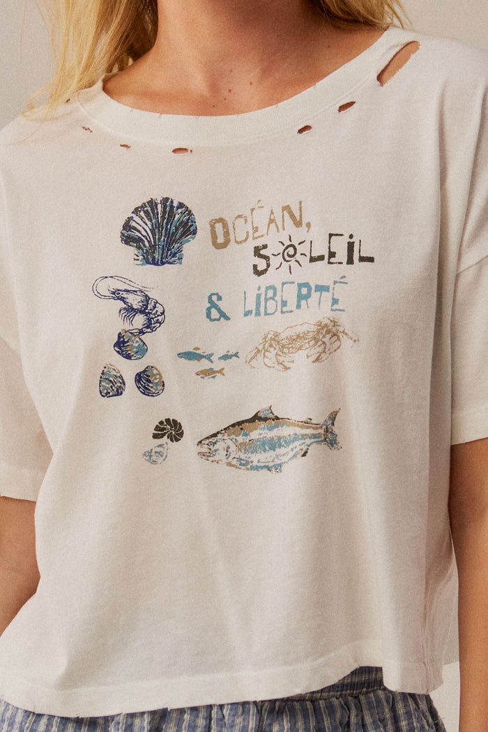 Océan Soleil Liberté Distressed Cropped Graphic Tee - ShopPromesa