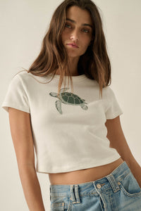 Turtle Time Thermal Cropped Graphic Baby Tee - ShopPromesa