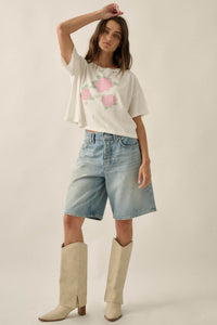 Cross Stitch Roses Distressed Cropped Graphic Tee - ShopPromesa