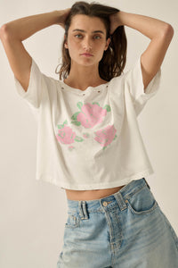 Cross Stitch Roses Distressed Cropped Graphic Tee - ShopPromesa