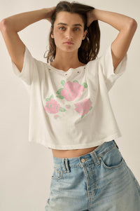 Cross Stitch Roses Distressed Cropped Graphic Tee - ShopPromesa
