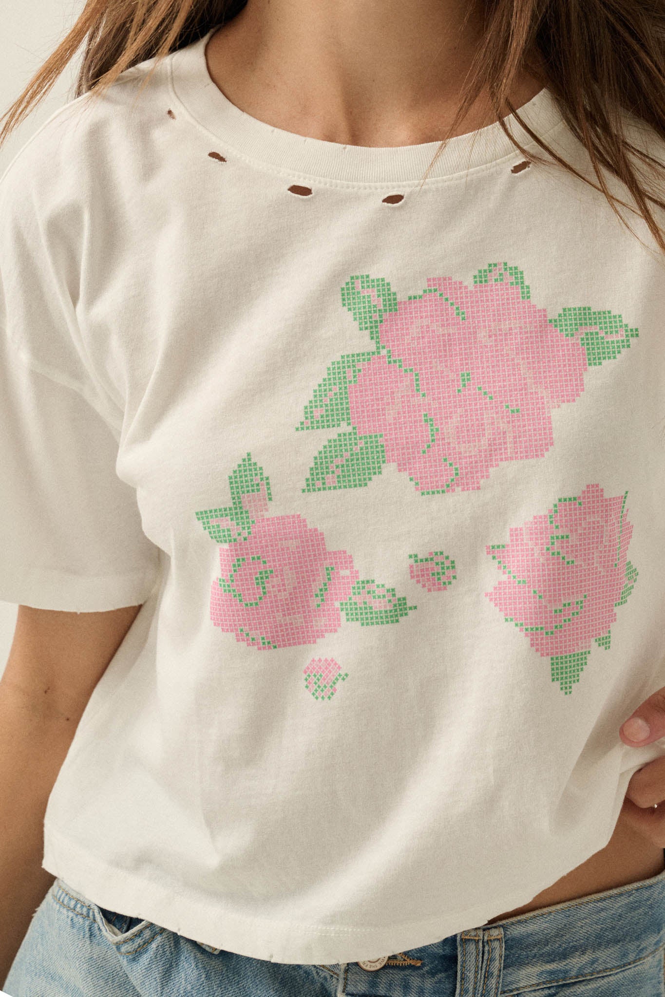 Cross Stitch Roses Distressed Cropped Graphic Tee - ShopPromesa