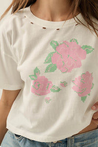 Cross Stitch Roses Distressed Cropped Graphic Tee - ShopPromesa