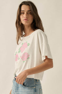 Cross Stitch Roses Distressed Cropped Graphic Tee - ShopPromesa