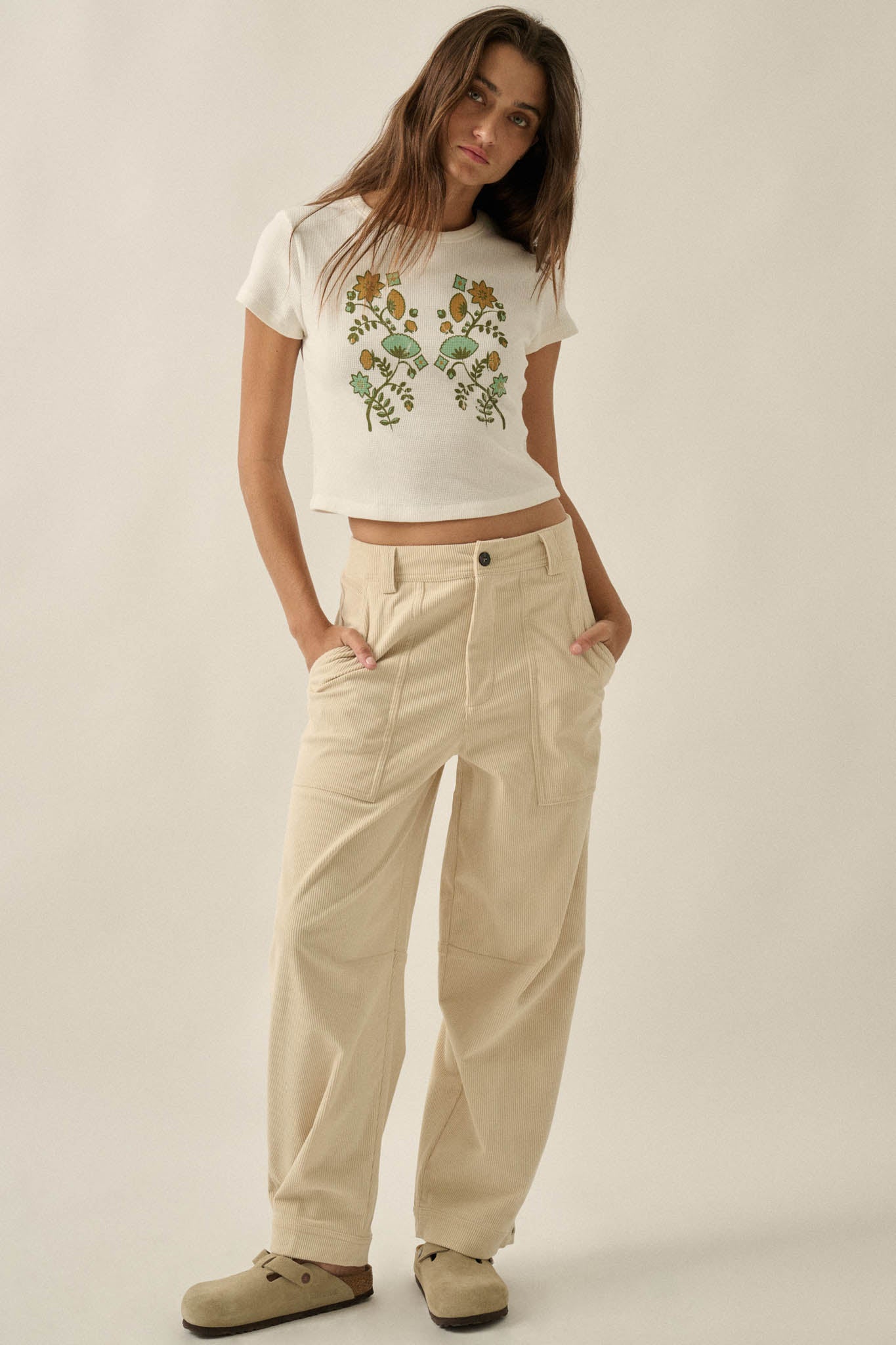 Vintage Flowers Thermal Cropped Graphic Baby Tee - ShopPromesa