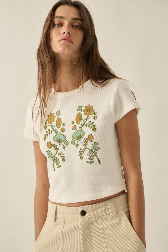 Vintage Flowers Thermal Cropped Graphic Baby Tee - ShopPromesa