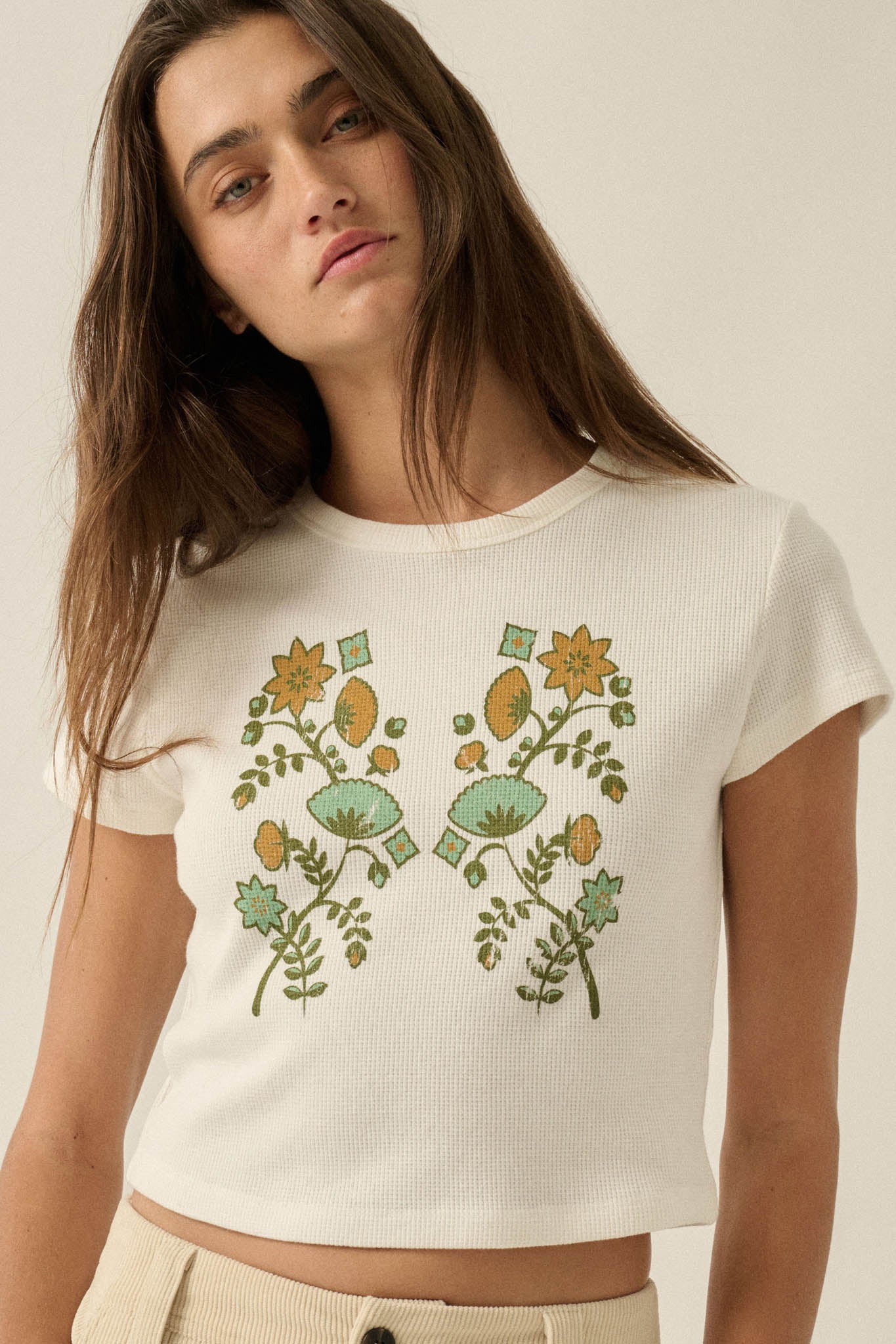 Vintage Flowers Thermal Cropped Graphic Baby Tee - ShopPromesa