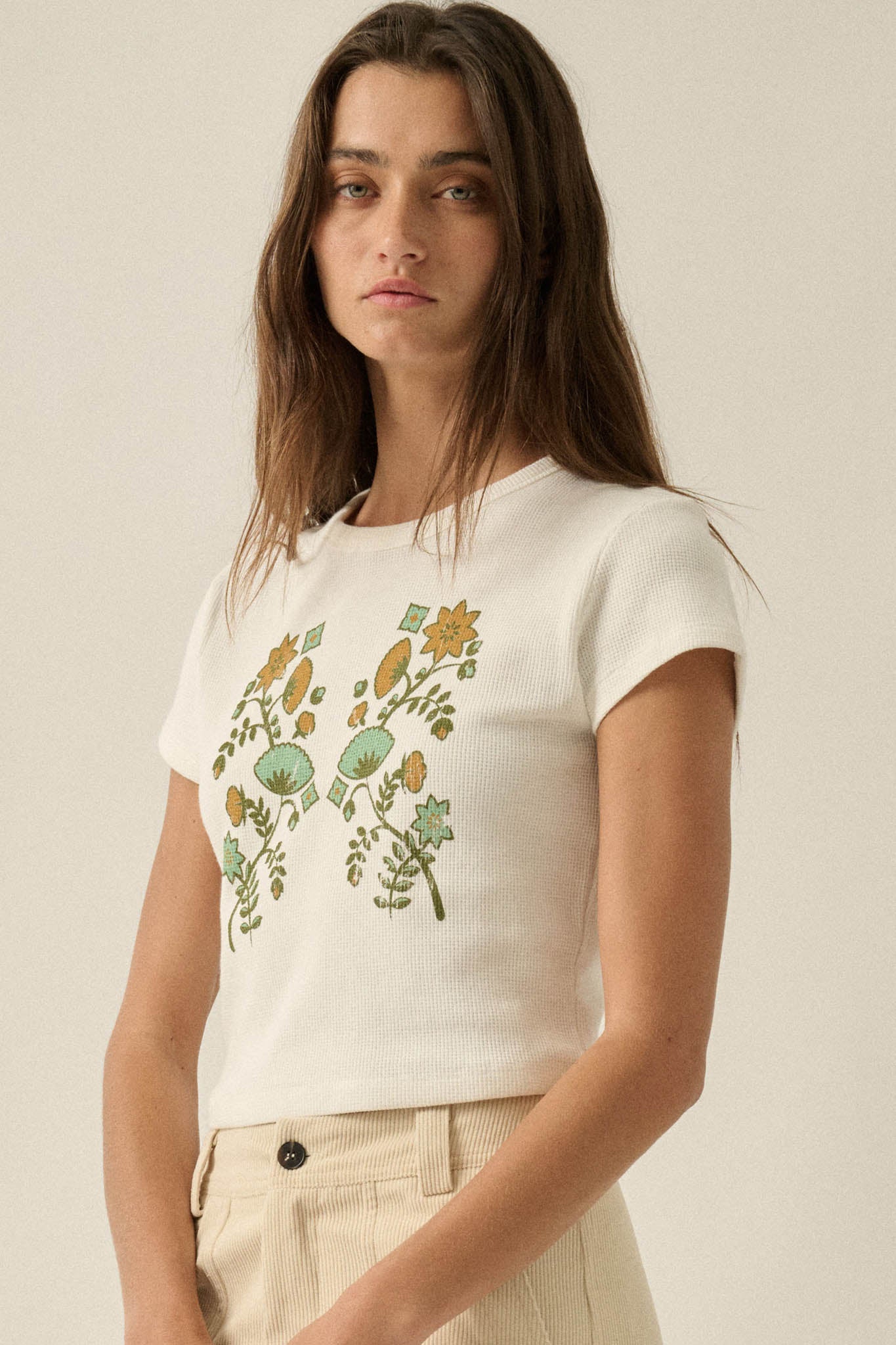Vintage Flowers Thermal Cropped Graphic Baby Tee - ShopPromesa