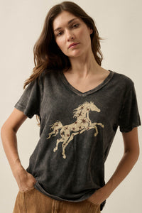 Star Stallion Vintage-Wash V-Neck Horse Graphic Tee - ShopPromesa