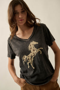 Star Stallion Vintage-Wash V-Neck Horse Graphic Tee - ShopPromesa