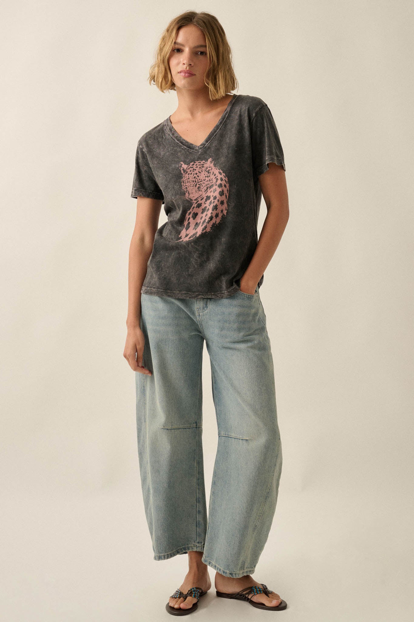 Lively Leopard Vintage-Wash V-Neck Graphic Tee - ShopPromesa
