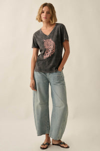 Lively Leopard Vintage-Wash V-Neck Graphic Tee - ShopPromesa