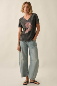 Lively Leopard Vintage-Wash V-Neck Graphic Tee - ShopPromesa