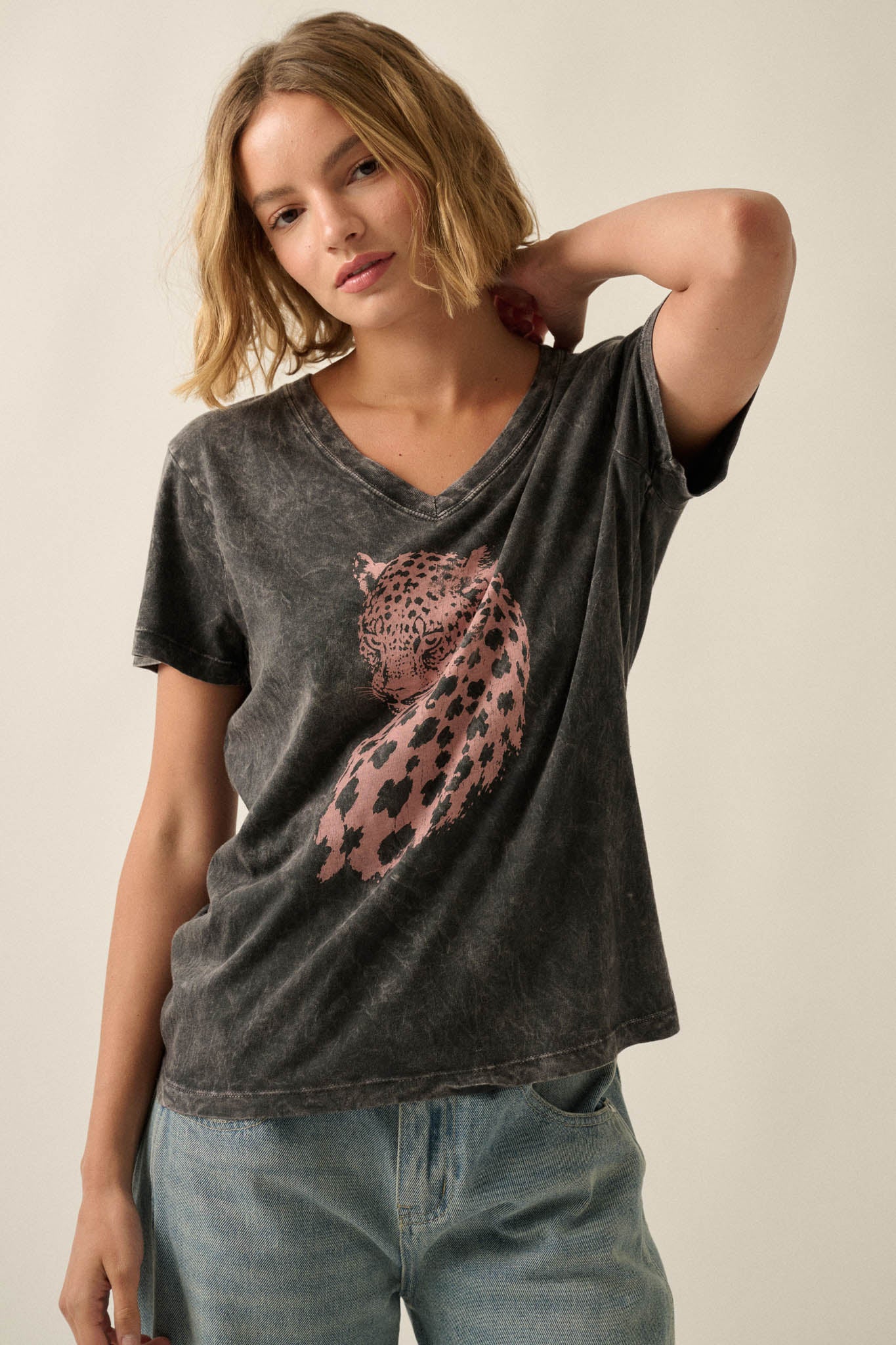Lively Leopard Vintage-Wash V-Neck Graphic Tee - ShopPromesa