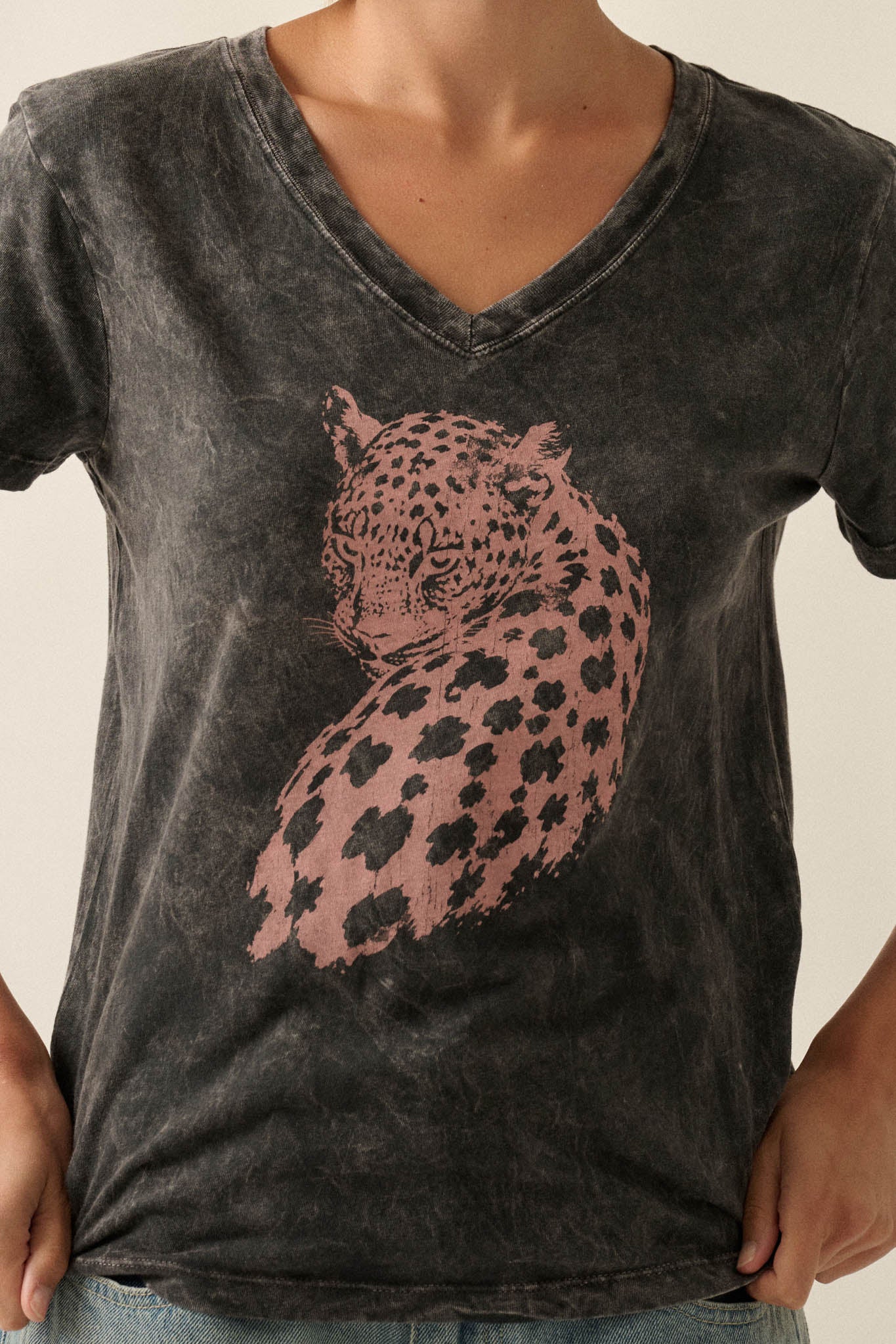 Lively Leopard Vintage-Wash V-Neck Graphic Tee - ShopPromesa