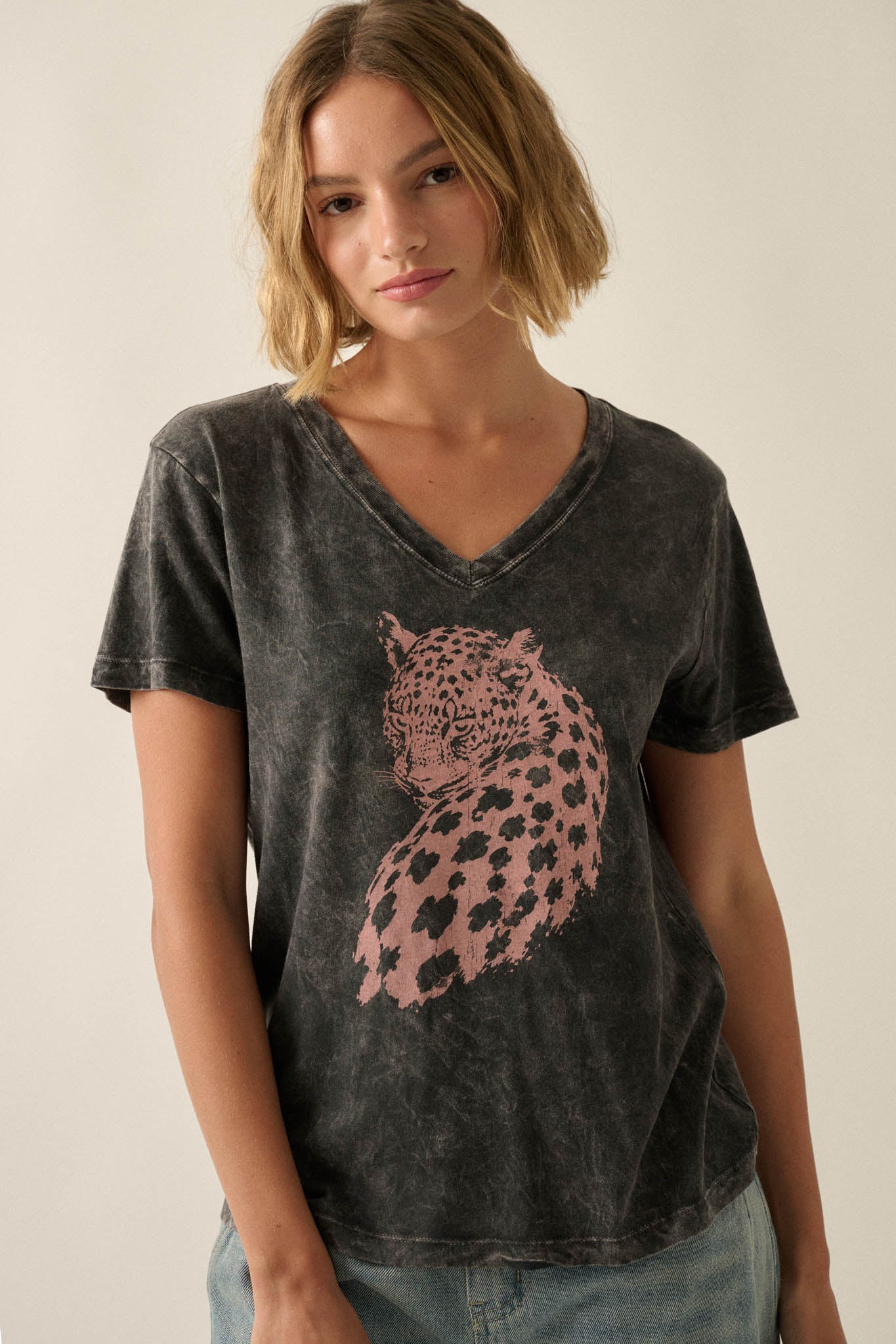 Lively Leopard Vintage-Wash V-Neck Graphic Tee - ShopPromesa