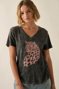 Lively Leopard Vintage-Wash V-Neck Graphic Tee - ShopPromesa
