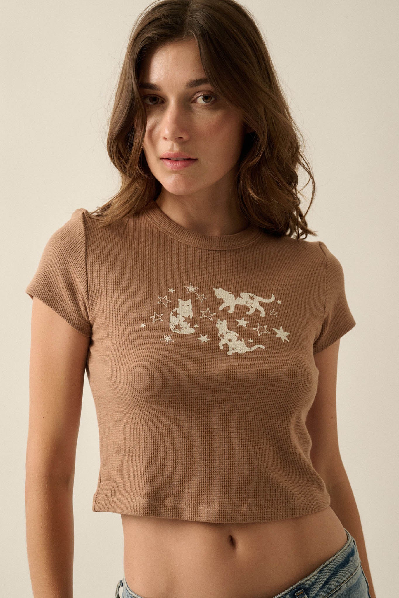 Cosmic Kittens Thermal Cropped Graphic Baby Tee - ShopPromesa