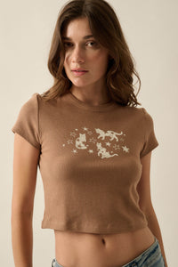Cosmic Kittens Thermal Cropped Graphic Baby Tee - ShopPromesa