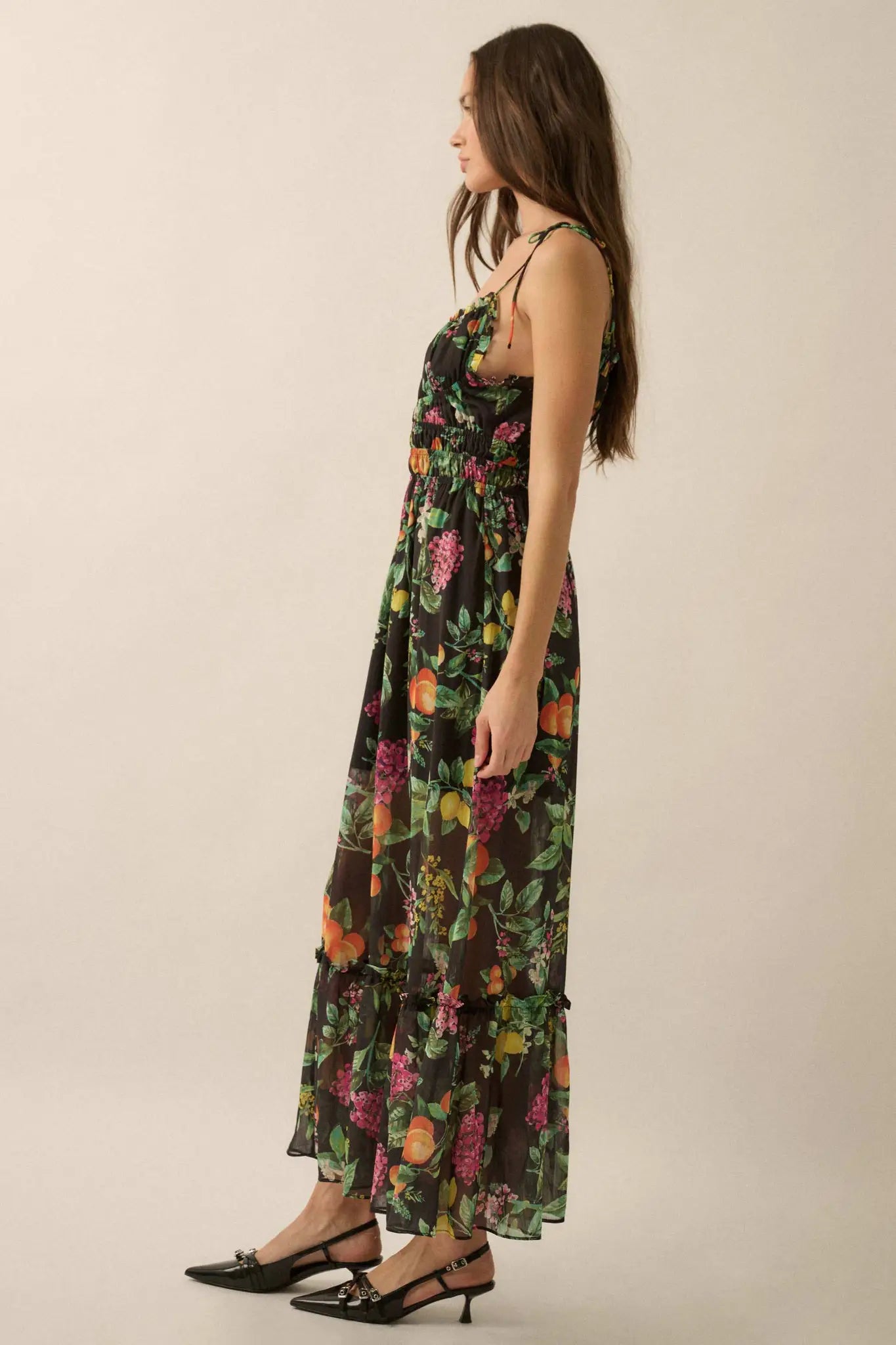 Luscious Life Fruit-Print Gathered Maxi Dress Black / M
